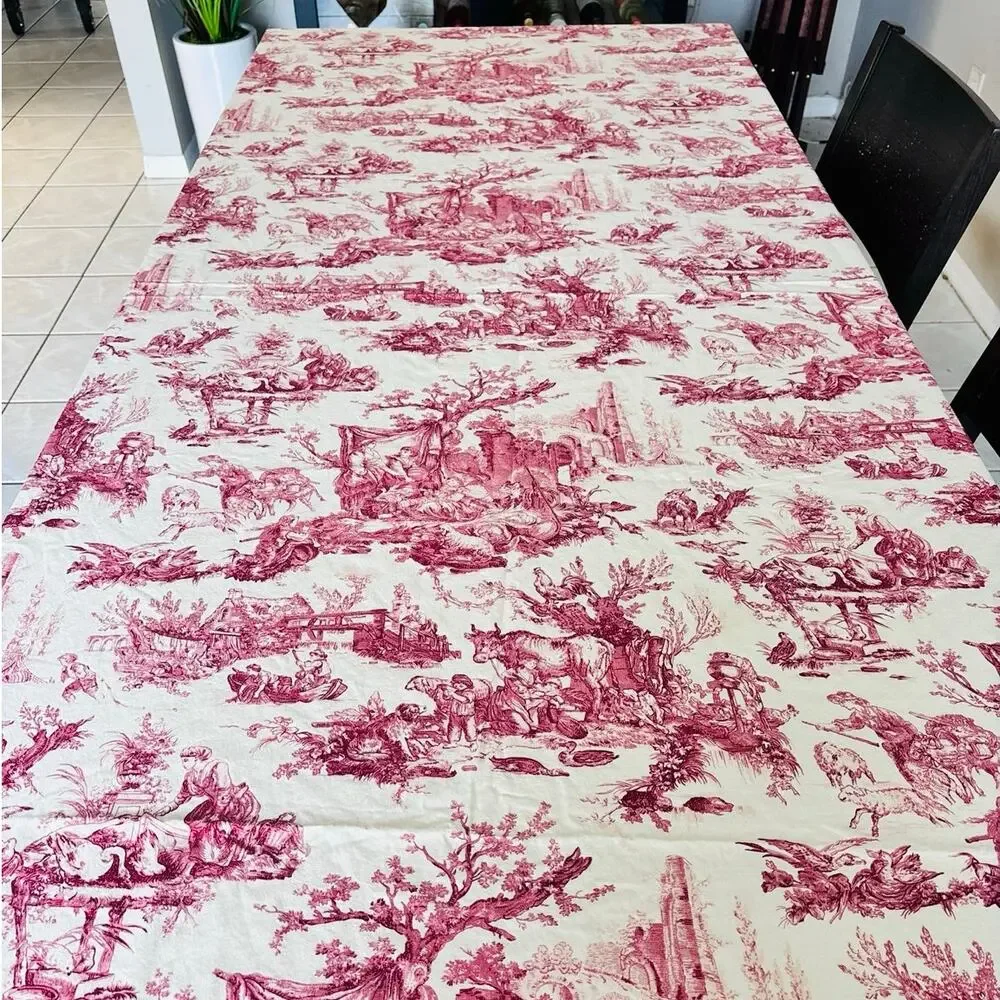 Williams Sonoma Italian Toile Tablecloth 68x126 Red Cream Cotton Made Italy